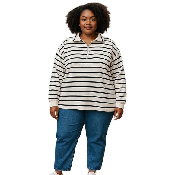 Old Navy XXL Quarter Zip White Black Stripe Sweatshirt Casual Loungewear - Picture 1 of 9